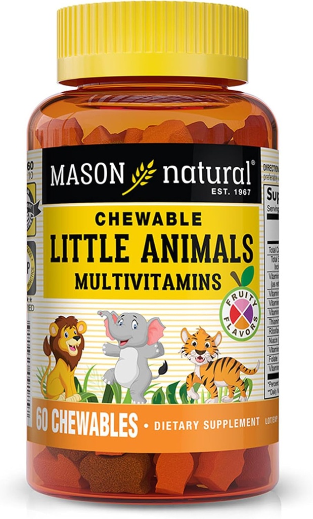MASON NATURAL Chewable Little Animals Multivitamins for Kids - Παιδική καθημερινή πολυβιταμίνη με βιταμίνη Α, C, D, B1, B2, B3, B6, B12, και Folate - 60 Ζωικά Μασώμενα δισκία