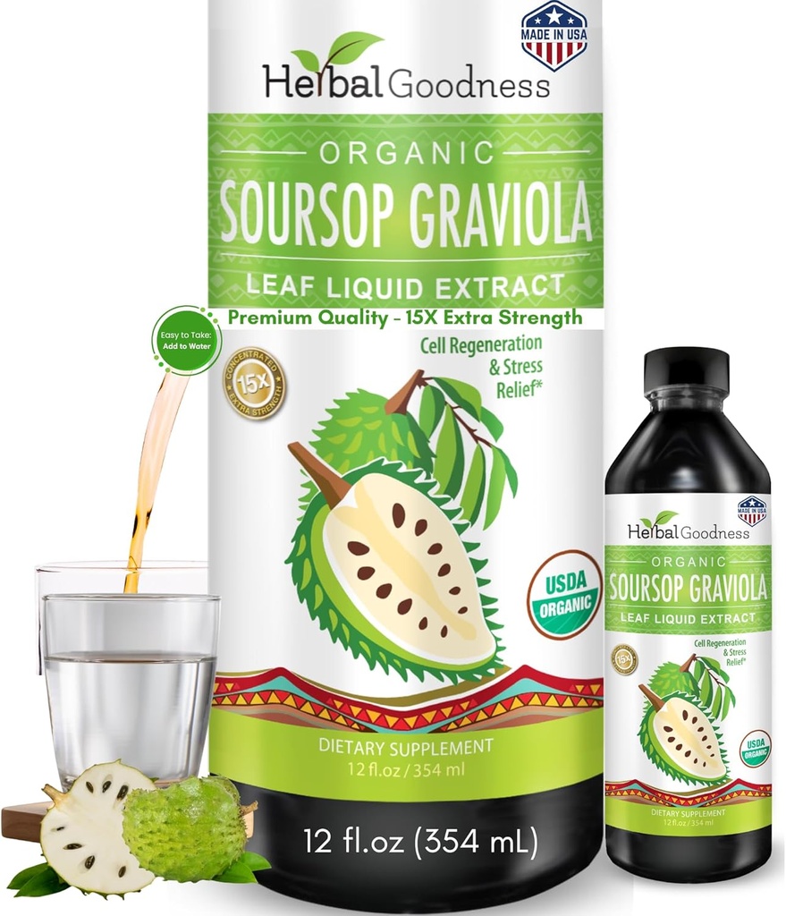 Βότανο Καλής Κατάστασης Soursop Graviola Liquid Drops 12 Fl Oz - 15X Δύναμη Βιολογικό Guanábana Soursop Leaves Extract for Gut Health, Cell & Immune Support Serene Soursop Drops - Vegan, Non-GMO, Made in USA