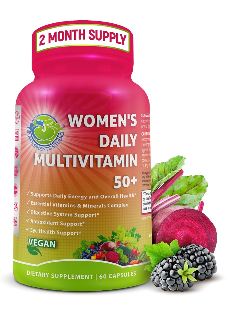 Women's Daily Multivitamin 50 Plus - Vegan methylated Multivitamin for Women 50 and Over with Biotin, Organic Superfoods & Lutein - Eye, Energy, Gut & Optimal Health Support - Easy to Swallow Caps