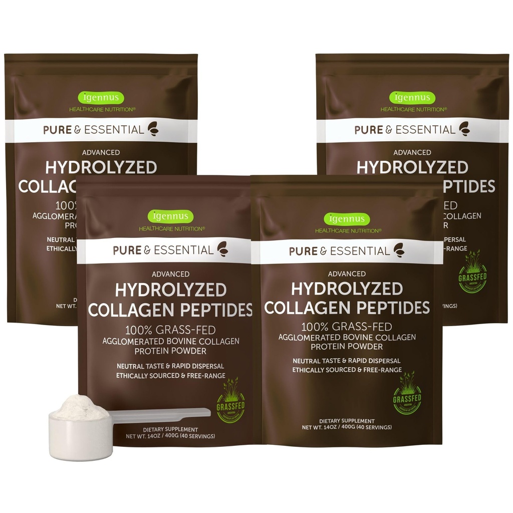 Igennus 100% Grass Fed Bovine Collagen Protein Powder, Highest Grade Hydrolyzed Collagen Peptides Τύποι 1, 2 & 3, για γυναίκες & άνδρες, μη-GMO, Free Range, Clean Label, Easy Mix, 4 x 40 Services
