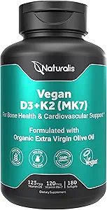 Naturalis Vegan Vitamin D3 + K2 with Extra Virgin Olive Oil | 5000iu Vitamin D with 120mcg MK7 Vitamin K | Better Support for Bone & Immune Health | Vegan Society Certified 180 Softgels