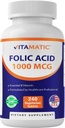 Vitamatic Follic Acid 1000 mcg (1 mg) - Veισκία χορτοφάγων - 1667 mcg DFE - Βιταμίνη Β9 (240 Count (Pack of 1))