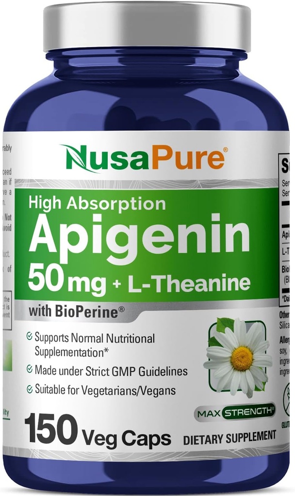 NusaPure Apigenin 50mg & L-Θεανίνη 200mg, 150 κάψουλες Veggie, Bioperine (Μη ΓΤΟ, Χωρίς γλουτένη)