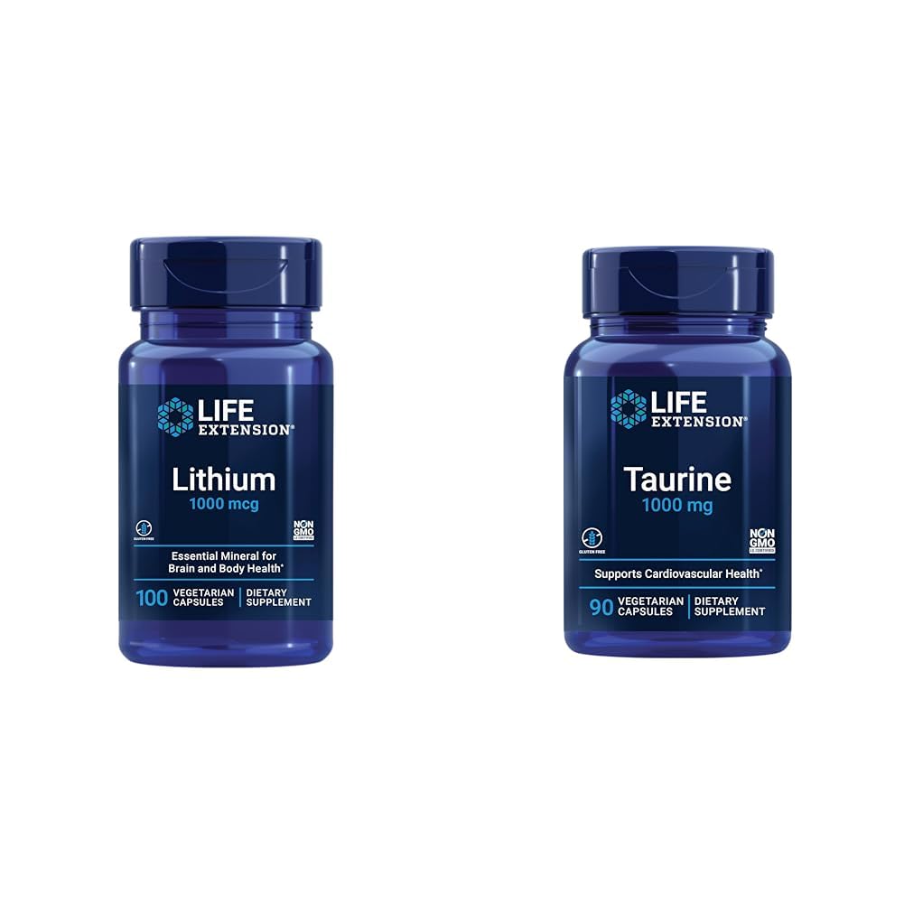 Life Extension Lithium 1000 mcg and Taurine 1000 mg - Brain Health, Anti-Aging, Longevity, Memory, Cognition, Mood, Heart, Liver, Muscle and Exercise Support - 100 Count