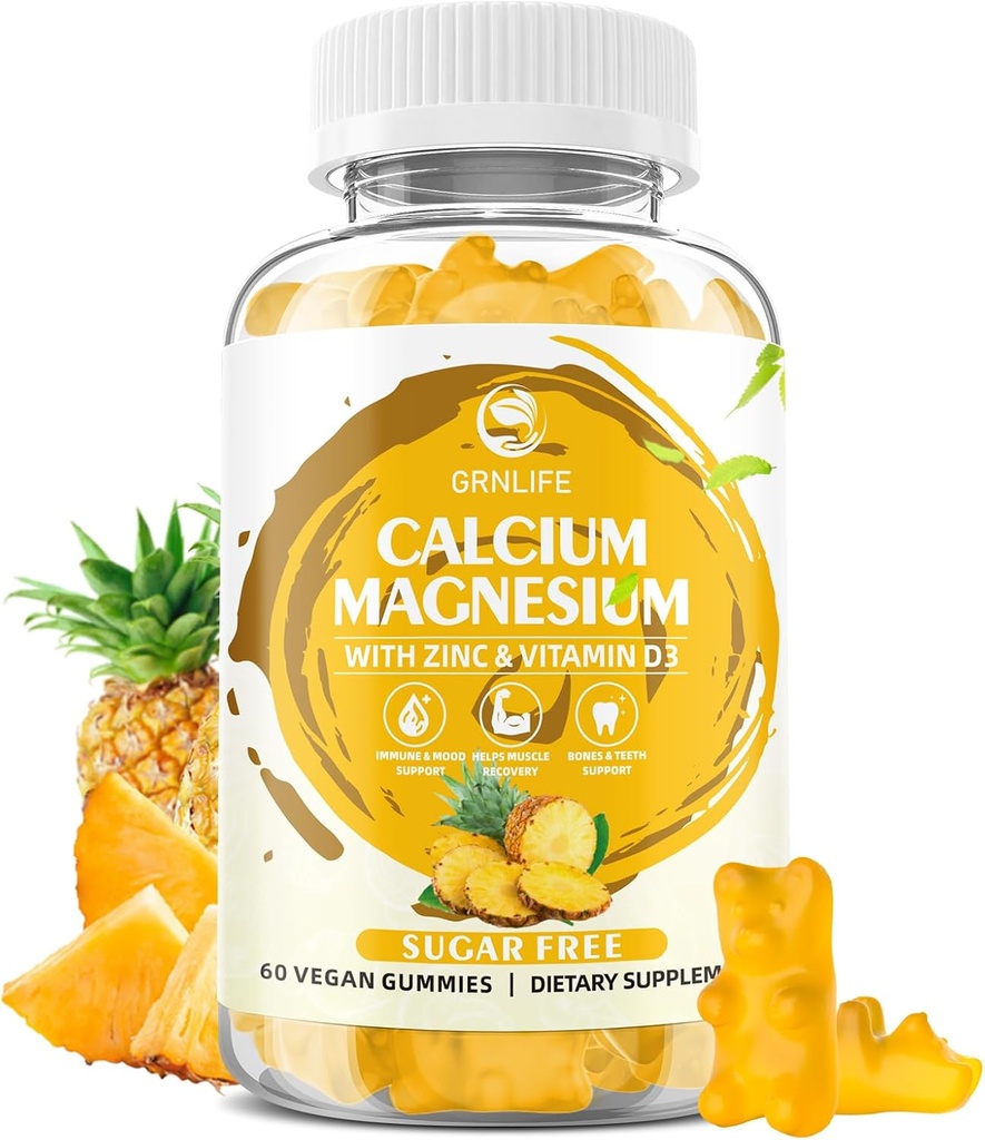 Ασβέστιο Μαγνήσιο Ψευδάργυρος Gummies με βιταμίνη D3, Ζάχαρη Δωρεάν Ασβέστιο Gummies για τις γυναίκες άνδρες, Υψηλή ισχύς Μαγνήσιο Gummies για τα οστά & τους μυς & ανοσοποιητικό υγεία, ανανά γεύση - 60 κόμης