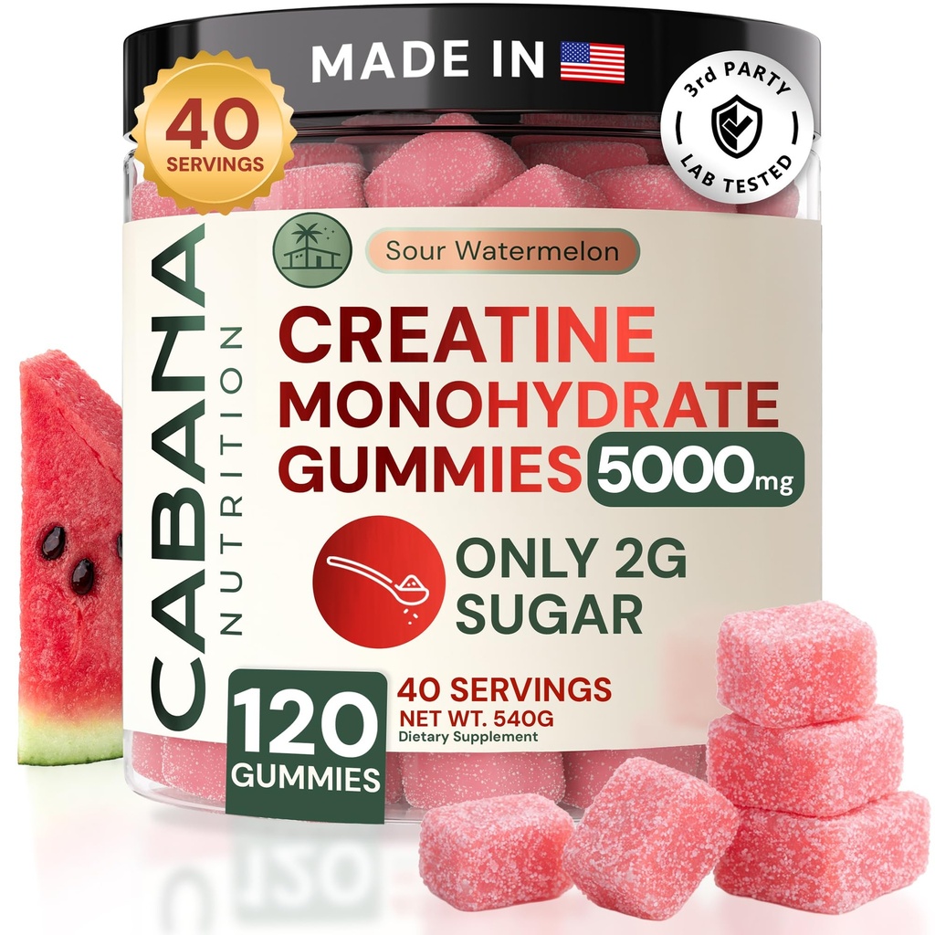Creatine Monohydrate Gummies 5g - Μόνο 2g Ζάχαρη, Κατασκευασμένη στις ΗΠΑ - Καρπούζι άρωμα - Vegan & 3rd Party Tested - Pre & Post συμπλήρωμα προπόνησης για γυναίκες και άνδρες (120 Count, 40 Servings)