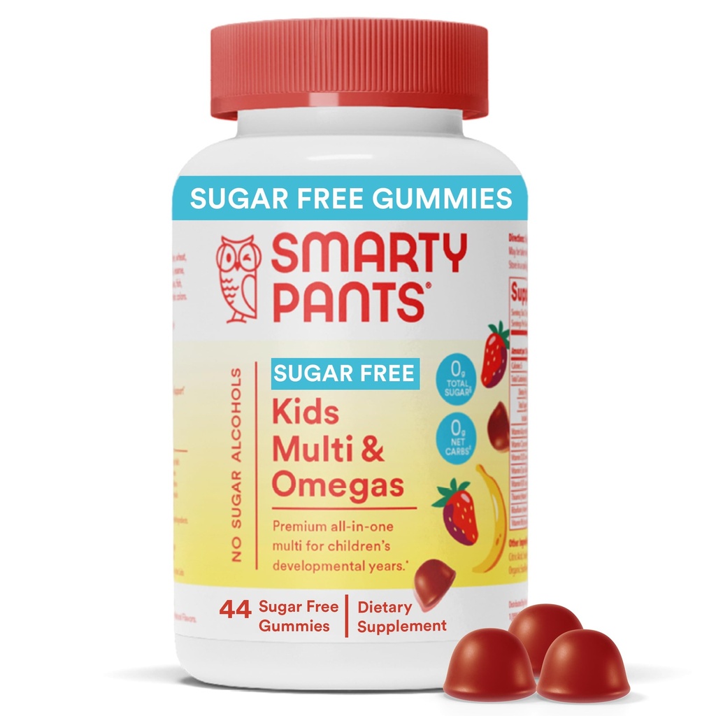 SmartyPants Kids Multivitamin Gummies, Χωρίς ζάχαρη: Ωμέγα 3 (ALA), Βιταμίνη D3, C, Βιταμίνη B12, B6, A, K & Ψευδάργυρος για την ανοσοποιητική υποστήριξη, Βιοτίνη, Ερυθριτόλη Δωρεάν, Μπανάνα Φράουλα, 44 Count (22 Day Supply)