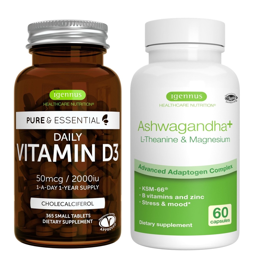 Καθημερινή Βιταμίνη D3 + Ashwagandha+ L- Theanine & Magnesium χορτοφαγικό πακέτο, 365 2000iu Βιταμίνη D3 δισκία + 600mg KSM- 66 Ashwagandha με ψευδάργυρο & βιταμίνες Β, από τον Igenus