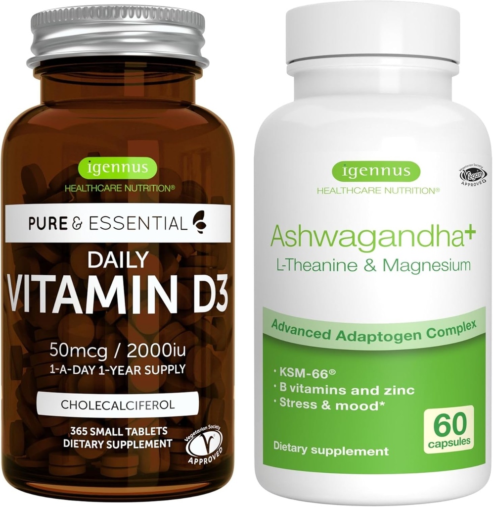 Daily Vitamin D3 + Ashwagandha+ L-Theanine & Magnesium Vegetarian Bundle, 365 2000iu Vitamin D3 Tablets + 600mg KSM-66 Ashwagandha with Zinc & B Vitamins, by Igennus