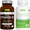 Καθημερινή Βιταμίνη D3 + Ashwagandha+ L- Theanine & Magnesium χορτοφαγικό πακέτο, 365 2000iu Βιταμίνη D3 δισκία + 600mg KSM- 66 Ashwagandha με ψευδάργυρο & βιταμίνες Β, από τον Igenus