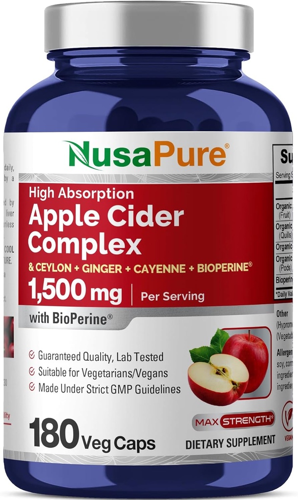 NusaPure Apple Cider Vinegar Complex 1500 mg 180 Veg Caps Κατάλληλο για χορτοφάγους και χορτοφάγους, μη ΓΤΟ