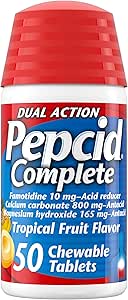 Pepcid Complete Acid Reducer + Antacid for Acid Reflux, 10mg Famotidine, 800mg Calcium Carbonate & 165mg Magnesium Hydroxide per Heartburn Tablet, Antacid Chews, Tropical Fruit, 50 ct