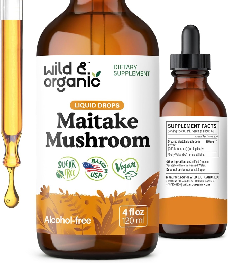 Άγρια & οργανική απόχρωση μανιταριών Maitake - συμπλήρωμα υποστήριξης του ανοσοποιητικού - εκχύλισμα μανιταριών Liquid Maitake - Vegan, Sugar & Alcohol-Free Drops - 4 fl oz