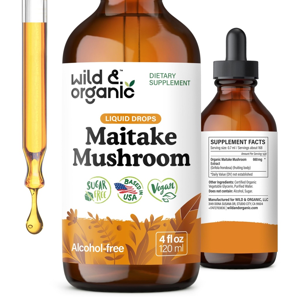 Wild & Organic Maitake Mushroom Tincture - Immune Support Supplement - Liquid Maitake Mushroom Extract - Vegan, Sugar & Alcohol-Free Drops - 4 fl oz