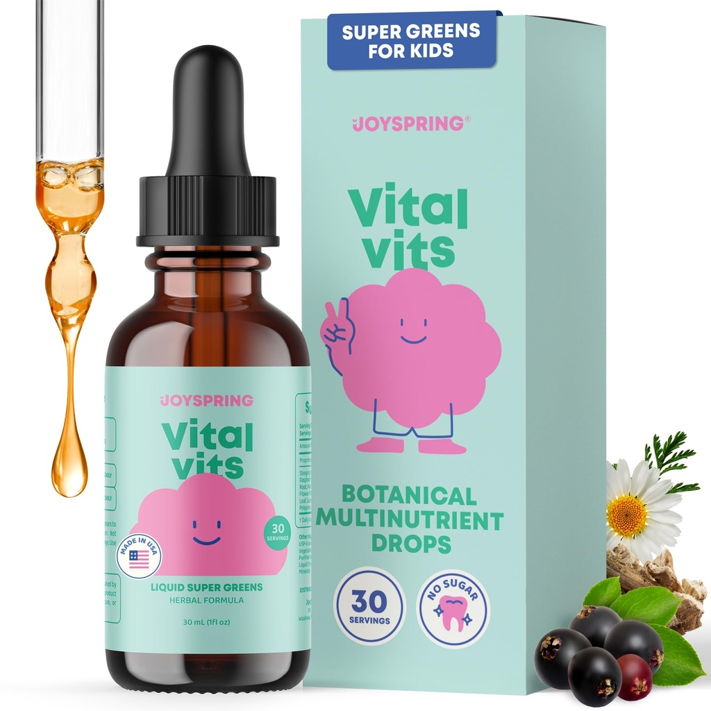 JoySpring Vital Vits - Kids Liquid Multivitamin - 1 fl oz (30 Servings) | Herbal Liquid Vitamins for Kids | Natural Flavor | Toddler Multivitamin with Elderberry, Spirulina, and More