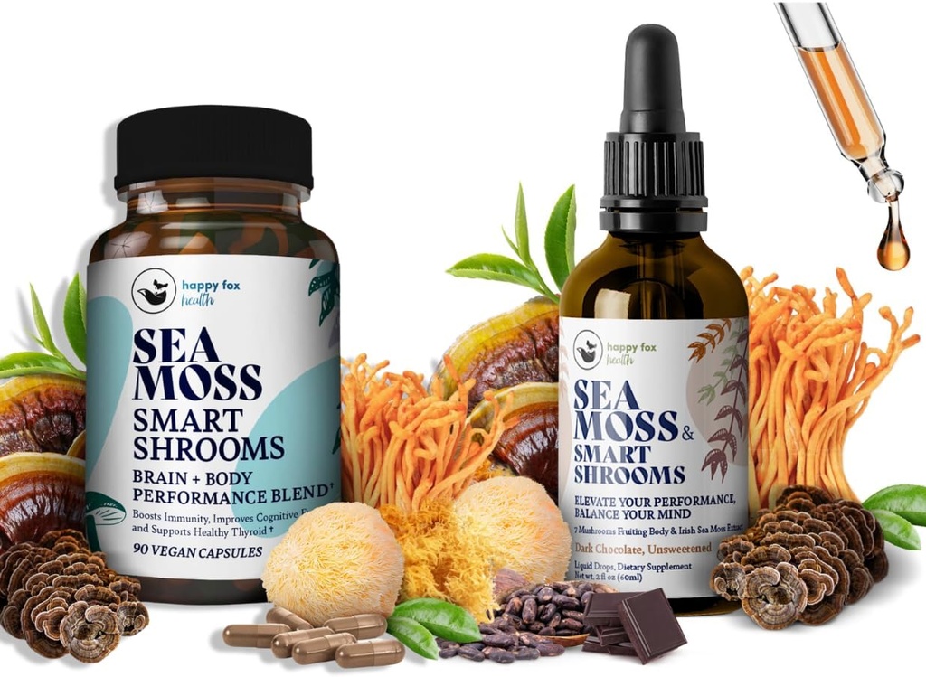 Brain Superfoods Bundle - Organic Sea Moss & Smart Shrooms, Capsules and Liquid Drops Bundle, Organic Irish Seamoss και 7 Adaptogenic Συμπληρώματα Μνήμης και Εστίασης. Υγρές σταγόνες σε γεύση σοκολάτας