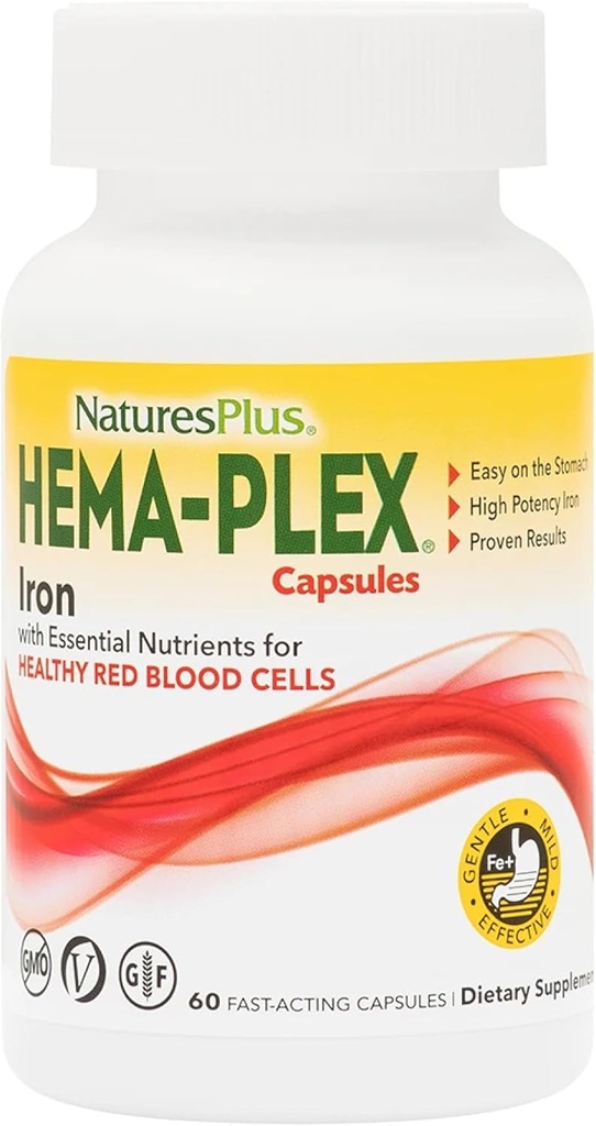 NaturesPlus Hema-Plex Iron - 60 Κάψουλες ταχείας δράσης - 3 Συσκευασία - 85 mg Χηλικός σίδηρος + Βιταμίνη C & Βιοφλαβονοειδή για υγιή ερυθρά αιμοσφαίρια - Vegan, Χωρίς γλουτένη - 90 Σύνολο Σερβίρεις