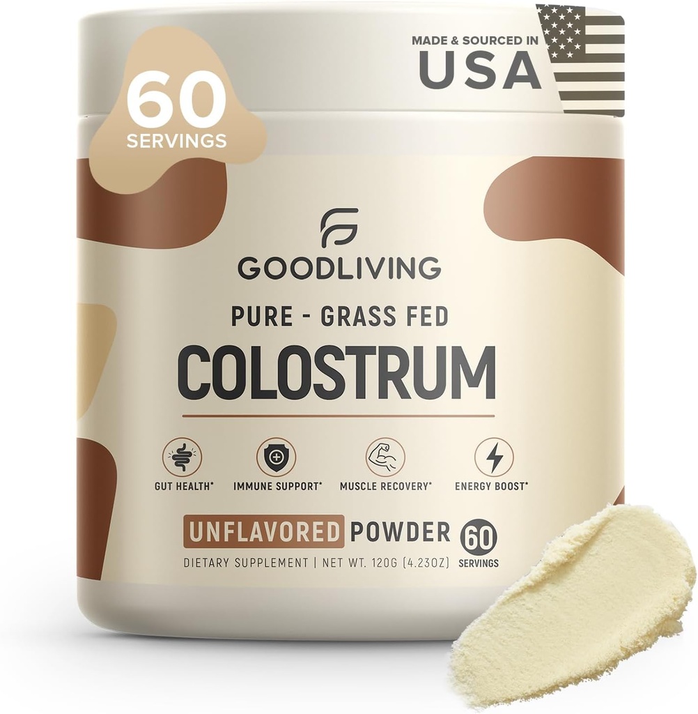 GoodLiving Grass Fed Colostrum Powder for Immune Support, Gut Health, Muscle Support & Wellness - Grass Fed Colostrum for Women & Men, Natural IgG Pure Whole Colostrum, Unflavored, 60 Servings