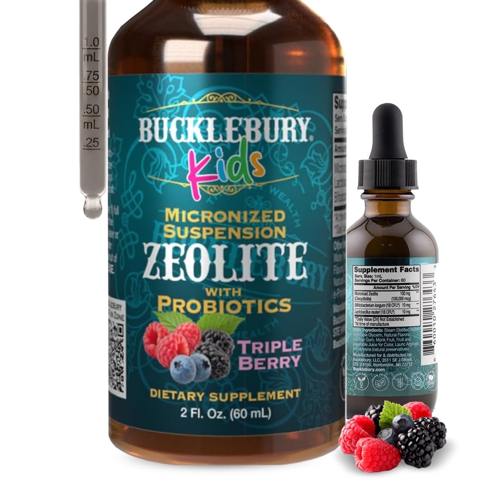 BUCKLEBURY Liquid Zeolite Detox για παιδιά με προβιοτικά - Ζάχαρη χωρίς φυσικά Berry Flavour Probiotics για παιδιά - Zeolite Heavy Metal Detox και ανοσοποιητική υποστήριξη - 2 FL Oz