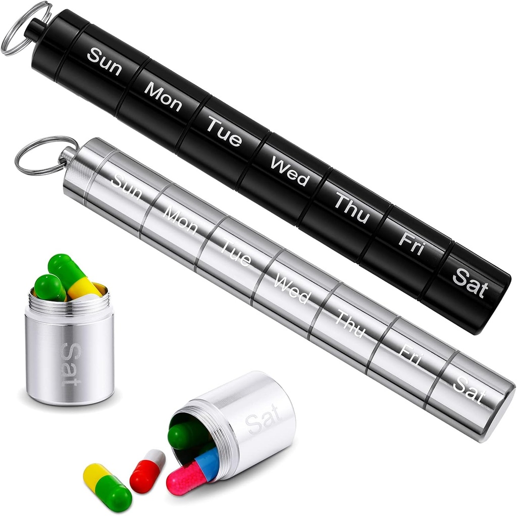 Vesici 2 Pack Metal Weekly Pill Organizer Travel Pill Container with Keychain 7 Day Weekly Αδιάβροχη Μικρή κάψουλες θήκη θήκη Stackable για γυναίκες άνδρες Travel Outdoor (Μαύρο, Ασημί)