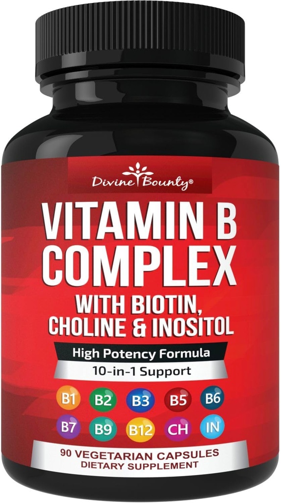 Divine Bounty Super B Complex Vitamins - Όλες οι βιταμίνες Β συμπεριλαμβανομένων των B12, B1, B2, B3, B5, B6, B7, B9, Folic Acid - Vitamin B Supplement - Υποστήριξη Υγιεινής Ενέργειας Μεταβολισμός - 90 κάψουλες χορτοφάγων