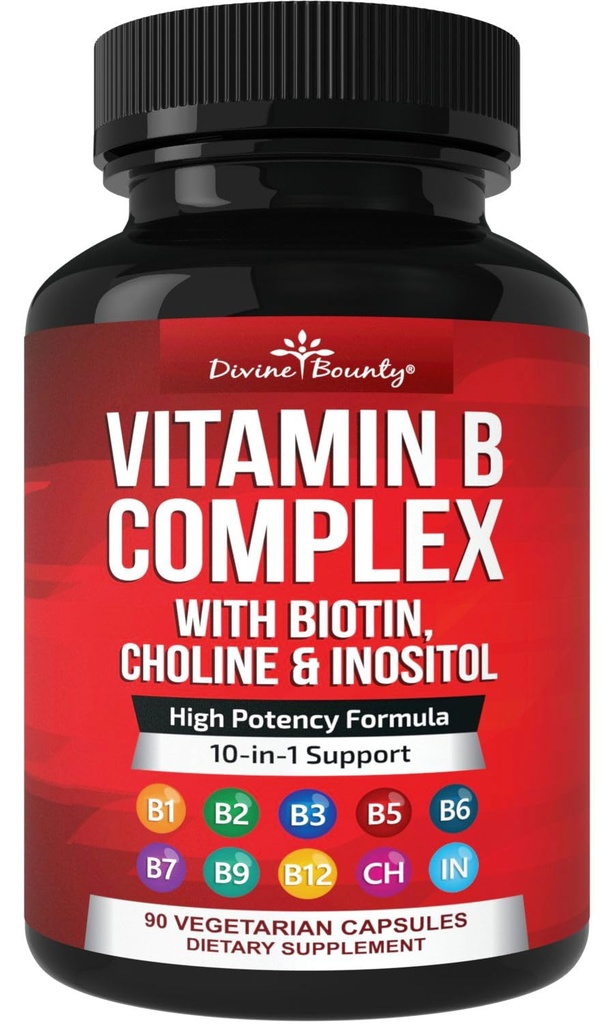 Divine Bounty Super B Complex Vitamins - Όλες οι βιταμίνες Β συμπεριλαμβανομένων των B12, B1, B2, B3, B5, B6, B7, B9, Folic Acid - Vitamin B Supplement - Υποστήριξη Υγιεινής Ενέργειας Μεταβολισμός - 90 κάψουλες χορτοφάγων
