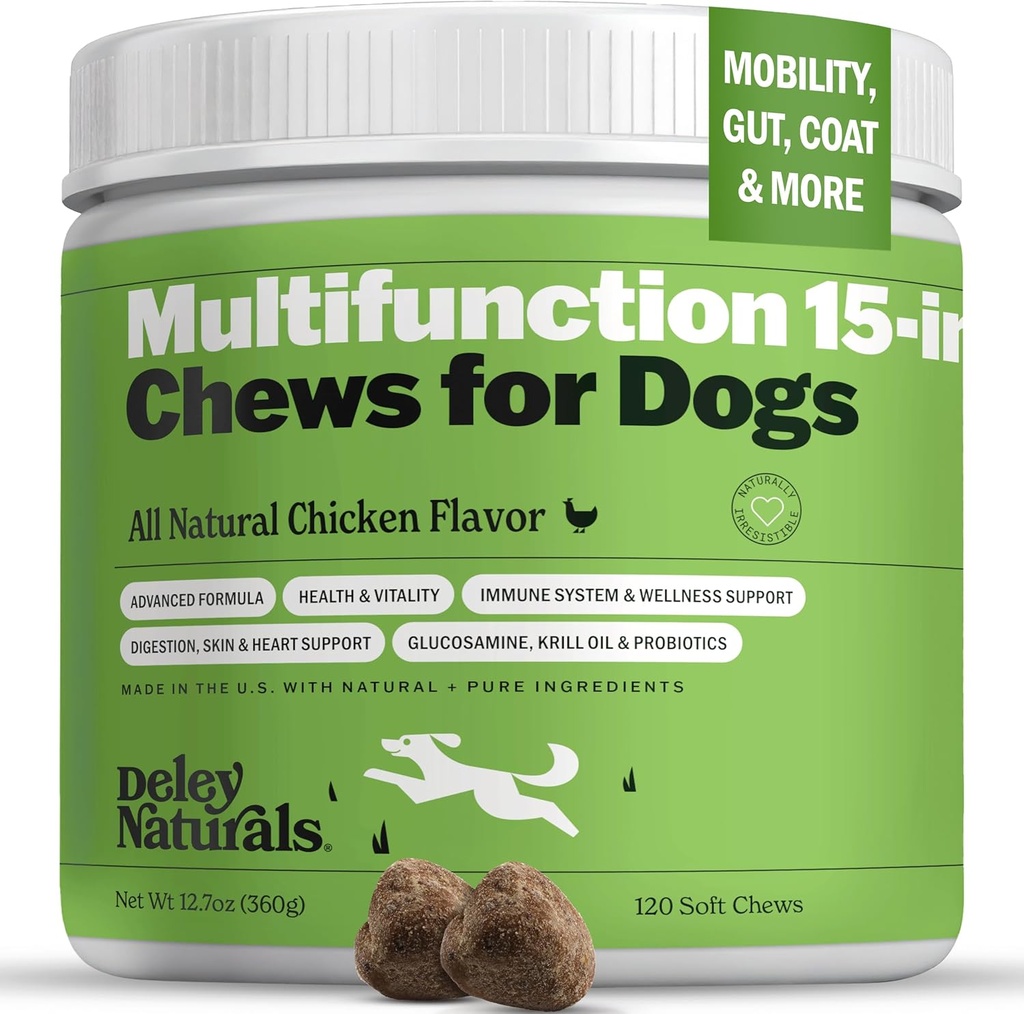 Deley Naturals 15 in 1 Multivitamin for Dogs - Complete Dog Vitamins and Supplements for Immune Support, Joint, Skin, Digestion, Heart & Overall Health - Daily Multifunction Supplements - 120 Chews
