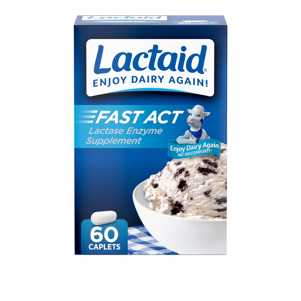 Lactaid Fast Act Lactose Infenderance Relief Caplets, Lactase Enzyme to Prevent Gas, Bloating and Diarrhea Λόγω της ευαισθησίας της λακτόζης, Single-Serve Συμπληρώματα για Ταξίδι και On-The-Go, 60 Count
