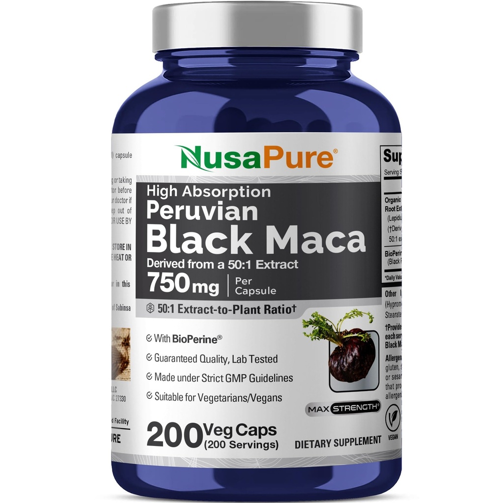 NusaPure Black Maca Root 50: 1 Extract, 750 mg Ισοδύναμο με 37.500 mg 200 Veggie Per Caps (Vegan, Non-GMO)