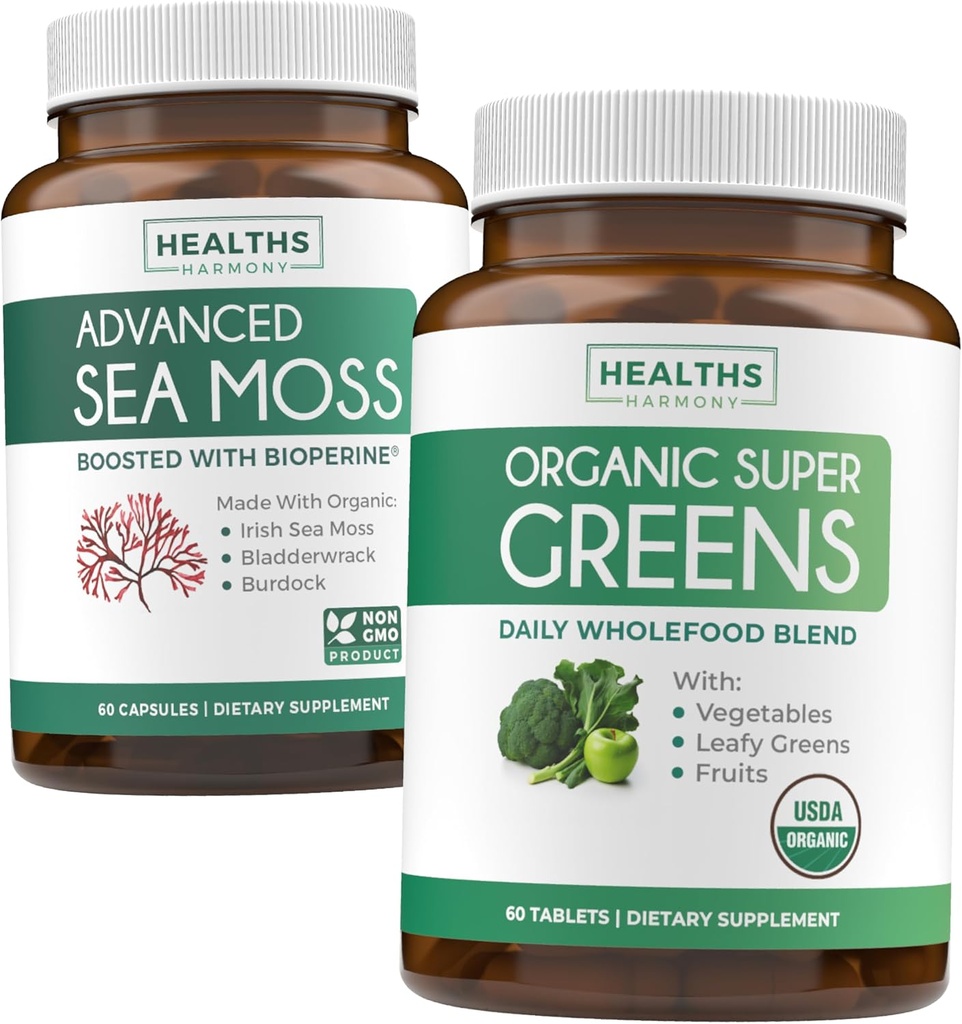 Ιρλανδική Θάλασσα Moss & Βιολογικό Super Greens (1-Month Supply) Supercharge Duo Bundle - Βιολογικό Ιρλανδικό Seamoss - Ακατέργαστο Vegan Superfood (60 Caps) & Βιολογικό Πράσινο Σκόνη με 28 Φρούτα & Λαχανικά (60 Caps)