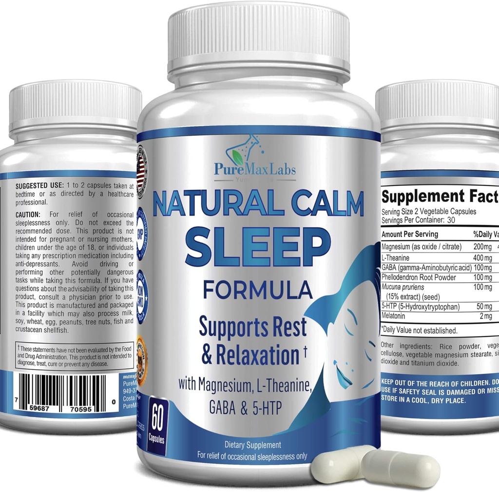 Natural Calm Sleep Aid with Magnesium, L-Theanine, Melatonin, GABA, 5-Htp | Sleep Aid | Non-GMO - 60 Capsules