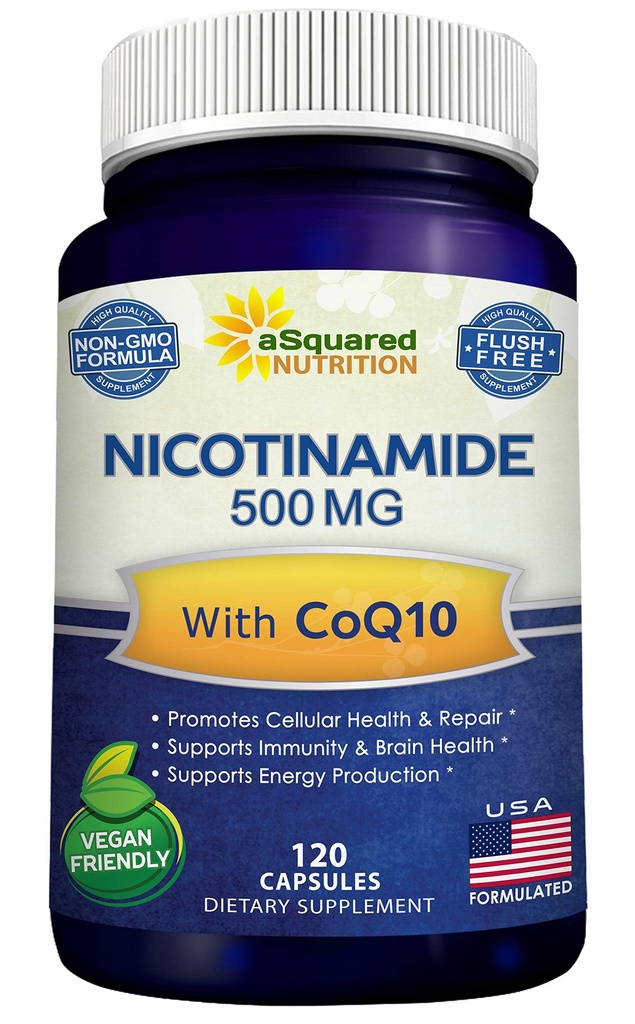 Νικοτιναμίδη με CoQ10 (120 κάψουλες) - Βιταμίνη Β3 500mg (Niacinamide Flush Free) - Συνένζυμο Q10 Σκόνη - VIT B-3 & Coq 10 χάπια συμπλήρωμα για την υποστήριξη της ενέργειας, NAD, & Δερματικές Κυτταρικές Υγεία