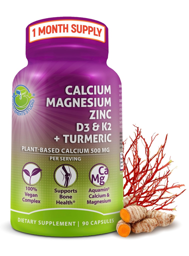 Φυτοβασισμένο ασβέστιο 500mg (Aquamin) – Vegan ασβέστιο μαγνήσιο ψευδάργυρο D3 με βιταμίνη K2 & οργανική κουρκουμά – Ενισχυμένη οστική και μυϊκή υγεία & δύναμη, ανοσοποιητική υποστήριξη για γυναίκες & άνδρες - 90 κόμης