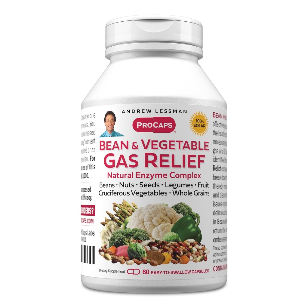 ANDREW LESSMAN Bean and Fegetary Gas Relief 60 Κάψουλες - Natural Enzyme Complex Μειώνει το αέριο, Αυξάνεται από Φασόλια, Κρουσοφόρα Λαχανικά, Φρούτα, Σπόροι και Άλλα Τρόφιμα. Απαλά και αποτελεσματικά