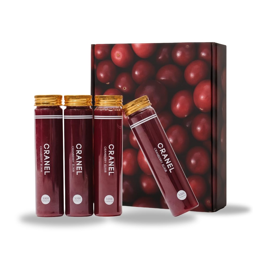 CRANEL UTI Υποστήριξη Cranberry Elixir, 4X μπουκάλια (Monthly Supply) Κλινικά-Proven & Antibiotic-Free, Συσκευασία με 3.000 Real Cranberries (Tart Taste) Vegan & Non-GMO, Zero Added Sugar