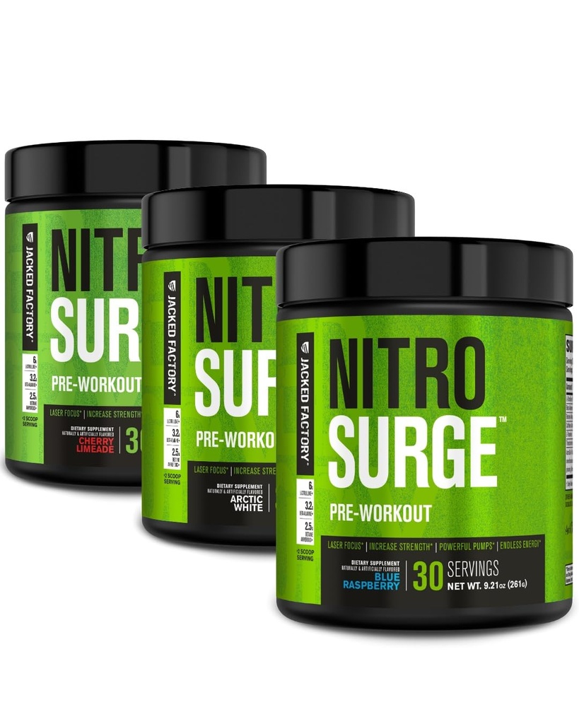 Jacked Factory NITROSURGE συμπλήρωμα προ προπόνησης - ατελείωτη ενέργεια, στιγμιαία κέρδη δύναμη, σαφή εστίαση, έντονη αντλία 