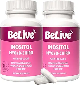 BeLive Myo-Inositol & D-Chiro Inositol Supplement – 2 Pack – 90 Capsules Each – 40:1 Ratio with Folic Acid for Women