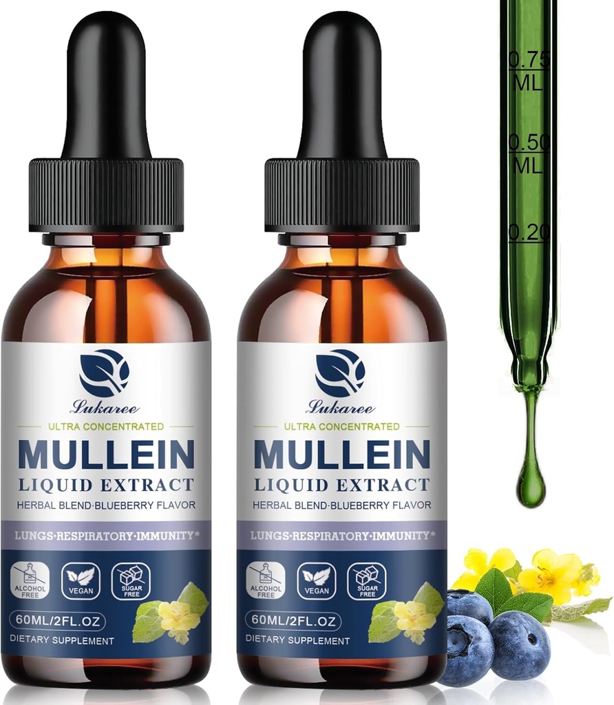 Mullein Drops for Lungs, Lung Detox & Cleanse, Vegan Mullein Leaf Extract Tincture with Chlorophyll Elderberry, etc, Natural Herbal Supplement for Respiratory, Immune, 60 Servings