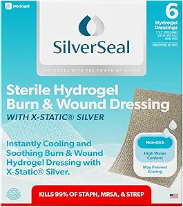 SilverSeal Burn and Wound Dressing, Hydrogel Pads με X-Static Silver, Καταπραϋντικό, Υγρό & Προστατευτικό για εγκαύματα, περικοπές & πληγές, 2" x 3" Αποστειρωμένα Dressings, 6 Count