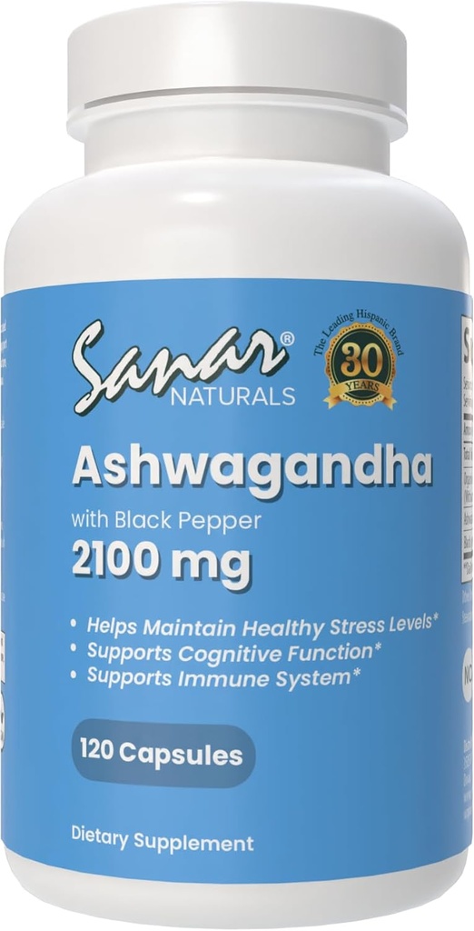 Sanar Naturals Ashwagandha 2.100 mg - Supplement υποστήριξης στρες & διάθεσης - Προάγει την εστίαση και διαρκή ενέργεια, σκόνη Ashwaghanda και εκχύλισμα ρίζας μείγμα με μαύρο πιπέρι - μη ΓΤΟ, 120 κάψουλες