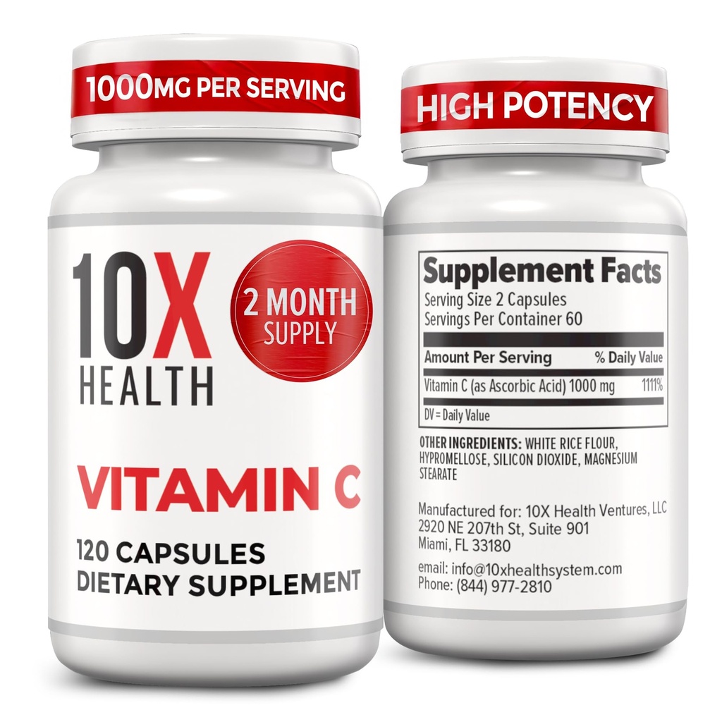10X Health Vitamin C 1000mg - 120 Capsules Vitamin C, High Dose Ascorbic Acid for Immunity, Antioxidant Protection, Collagen & Tissue Support for Adults - VitaminC 1000 mg - Non-GMO, Gluten-Free