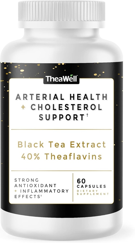TheaWell Natural Arterial Health + Cholesterol Support - 60 Count, Black Tea Extract, Theaflavins, Non GMO, Vegan, & Gluten Free