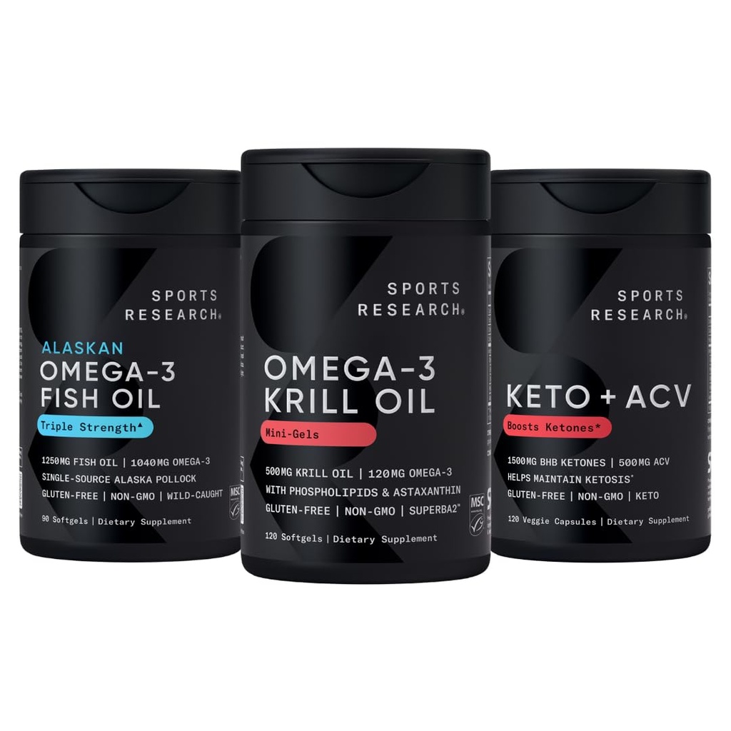 Sports Research Triple Strength Omega-3 Fish Oil, Antarctic Krill Oil + Phospholipids, Choline & Astaxanthin Mini-Softgels, Keto Plus ACV 500mg of Apple Cider Vinegar & 1500mg goBHB Exogenous Ketones