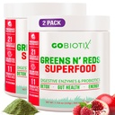 GOBIOTIX Super Greens Powder with Beet Root, Spirulina, Moringa & Chlorella – Probiotics, Enzymes & 21 Superfoods – Zero Sugar, Vegan, Non-GMO – 60 Servings, 2-Pack (Pomegranate Raspberry)