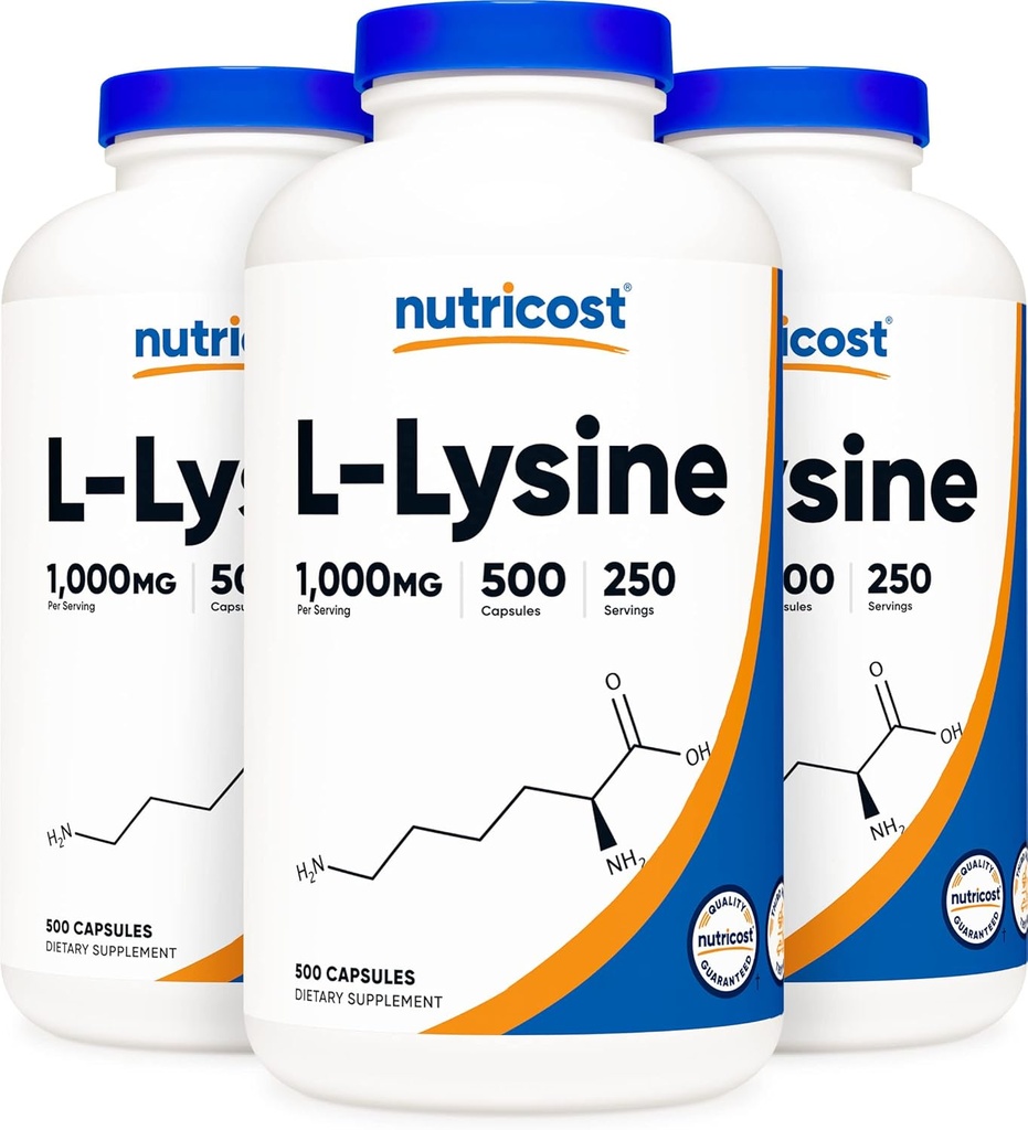 Nutricost L-Lysine 500mg (1000mg σερβιρίσματος), 500 κάψουλες (3 φιάλες)
