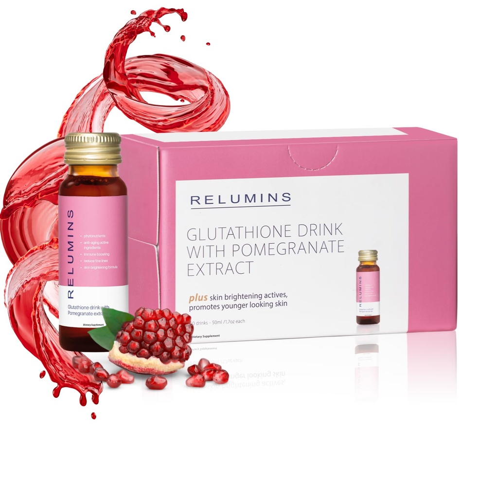 Relumins Glutathione Hydration Shots - Μετά το Καλοκαίρι Ανάκτηση δέρματος & Ψυχρός Καιρός Ενυδάτωση - Κολλαγόνο-Boosting & Made in USA - Ρόδι Γεύσεις – 10 Μπουκάλια x 50 ml