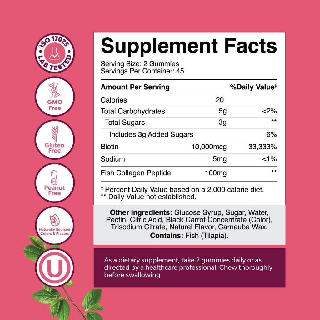 Μαλλιά Δέρμα και νύχια Gummies για τις γυναίκες - Επιπλέον δύναμη Biotin και Collagen Gummies για τις γυναίκες Καρφιά μαλλιών Υποστήριξη - μη GMO Kosher Marine Collagen Biotin 10000mcg ανά μερίδα (45 ημέρες)