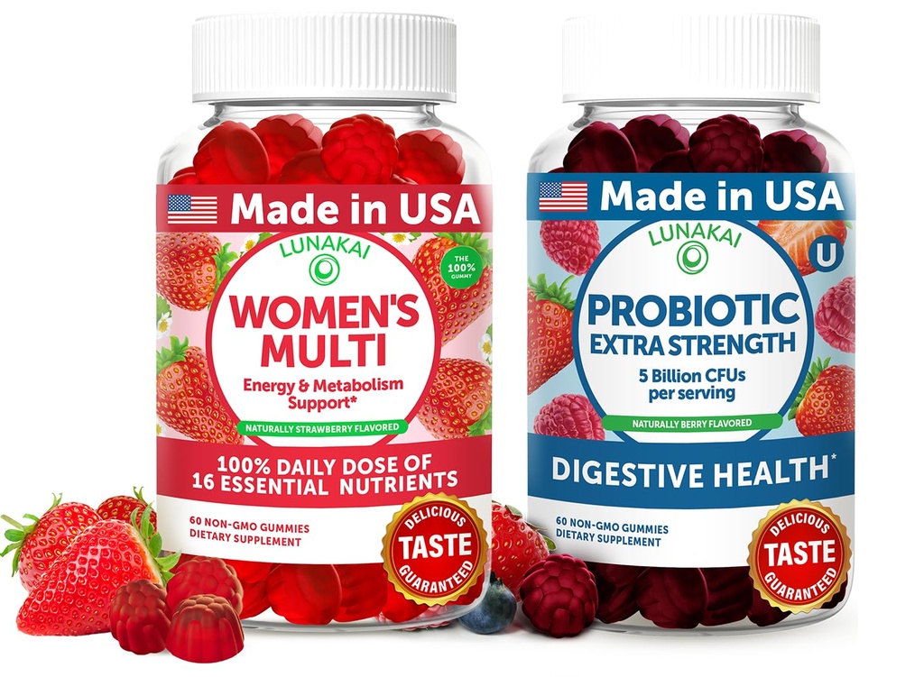 Lunakai USA Made Womens Multivitamin & Probiotic Gummies Bundle – 16 Multi Vitamins & Probiotic for Digestion Support – 60ct Each