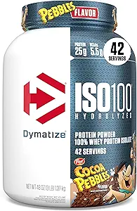 Dymatize x Cocoa Pebbles ISO100 Whey Protein Powder Isolate, 25g πρωτεΐνης, 5.5g BCAAs, 120 Cal., Χωρίς γλουτένη, 1g λίπος, 1g ζάχαρη, 2g υδατάνθρακες (42 Σερβίρει)