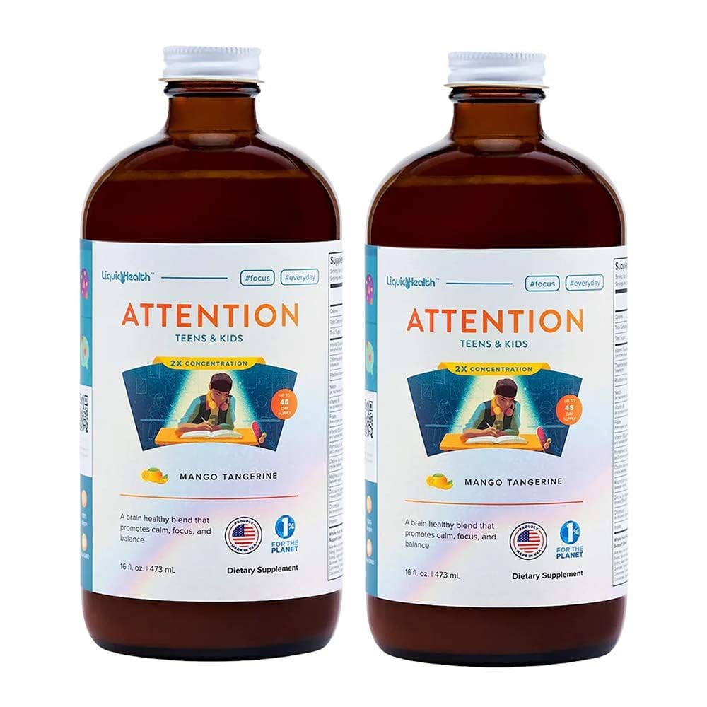 LIQUIDHEALTH Attention, Liquid Multivitamin for Kids & Teens - Improves Memory Retention, Concentration, Focus, Mood, Relaxation & Calming - Made in the USA, Great Taste, Vegan, Sugar-Free (2 Pack)